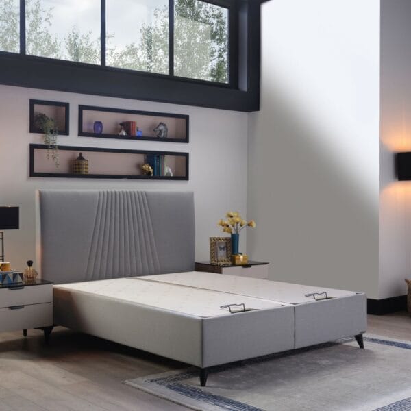 Pat tapitat cu depozitare si somiera Nova light grey
