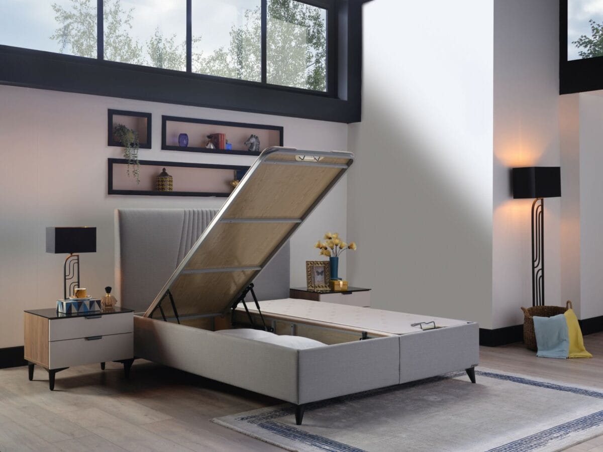 Pat tapitat cu depozitare si somiera Nova light grey - imagine 3