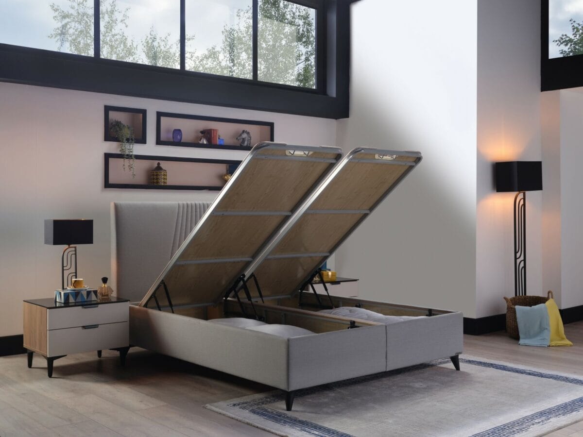 Pat tapitat cu depozitare si somiera Nova light grey - imagine 5