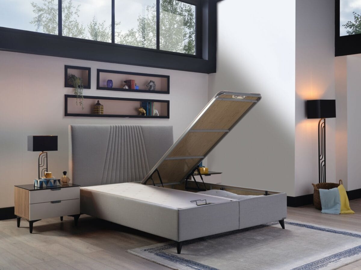 Pat tapitat cu depozitare si somiera Nova light grey - imagine 4