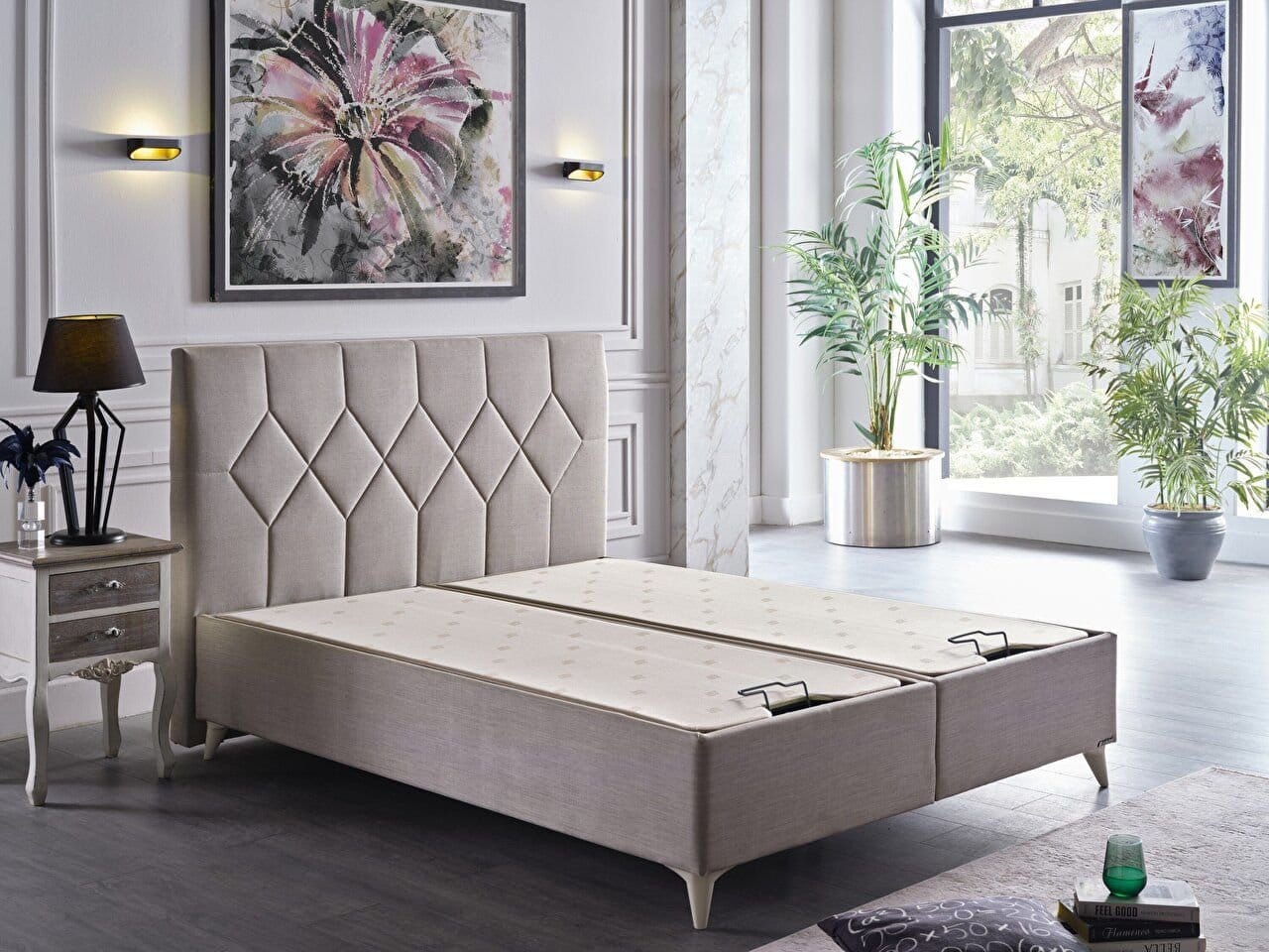 SLEEPY-S-Ottoman-COTON-Cream-2 Pat tapitat Sleepy S bej cu depozitare si somiera inclusa - imagine 1