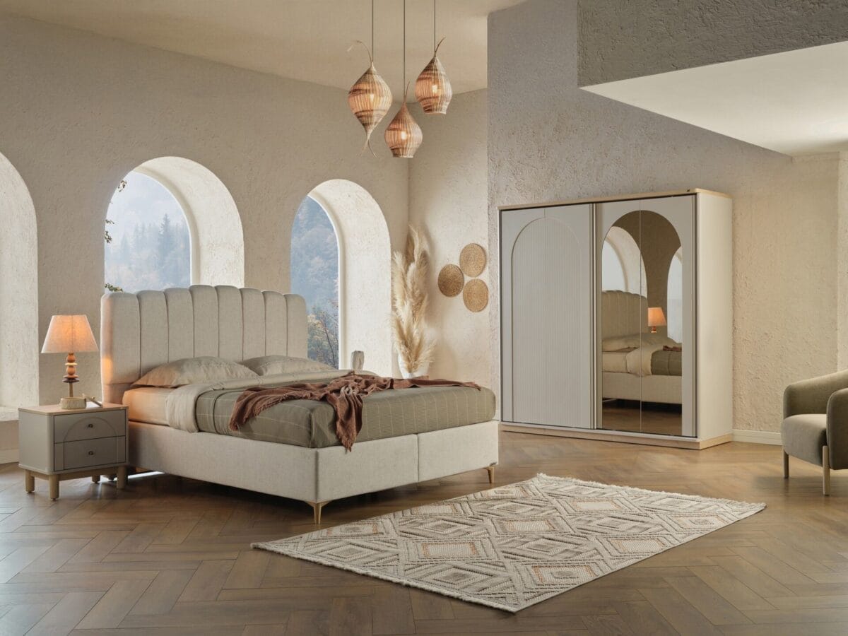 Pat matrimonial Borneo crem cu depozitare si somiera inclusa - imagine 5